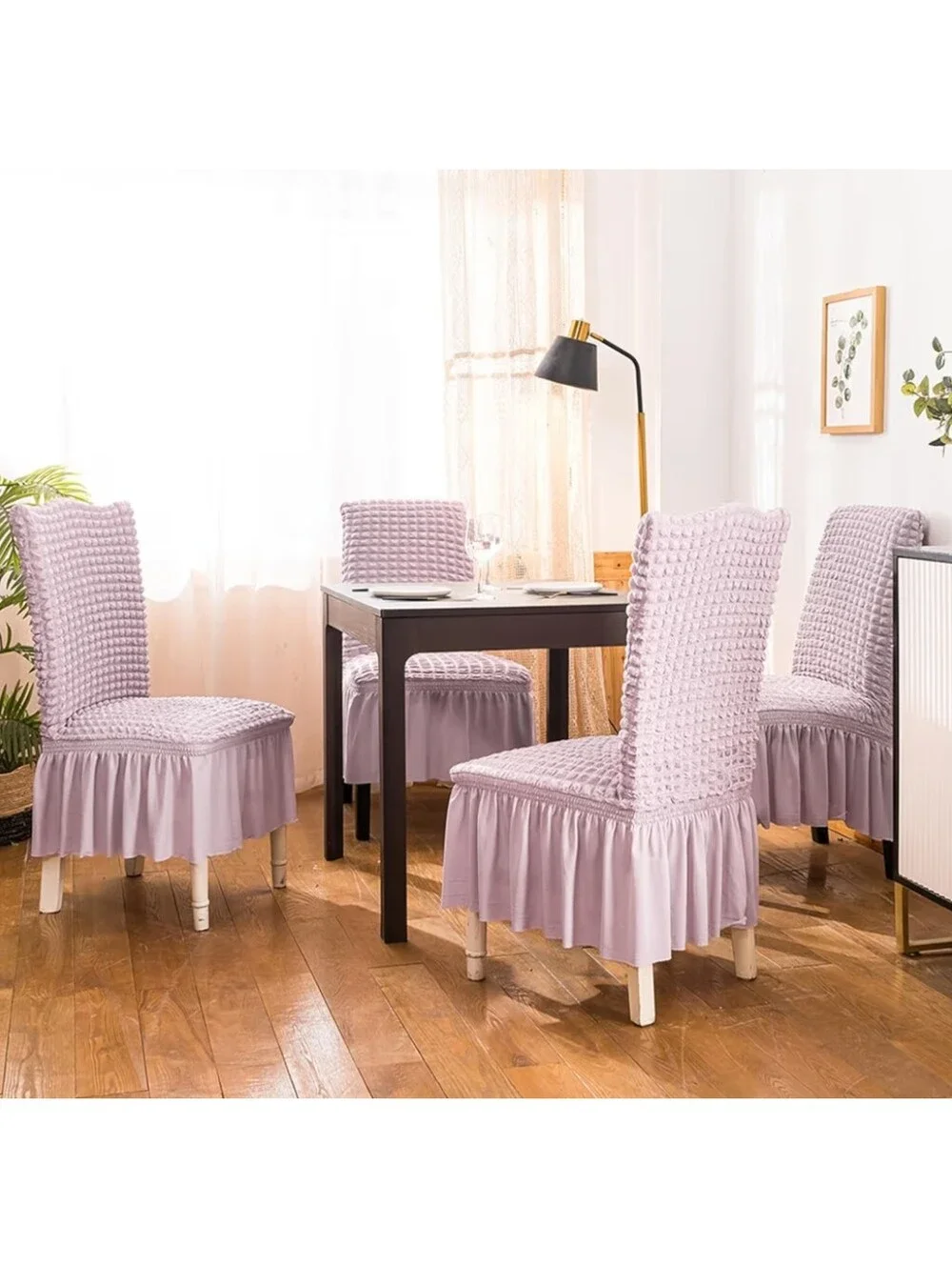 NWT 4pk Seersucker Dining Chair Covers With Skirt Washable In Mauve Blush Pink